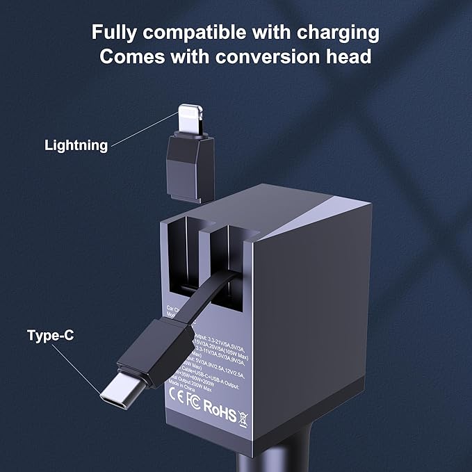 Aftertop 200W Retractable Car Charger, 3-in-1 Independent Fast Charging, 2.3ft 105W Retractable Cable, Power Display USB C Car Charger for MacBook Pro, iPhone 16 15, Galaxy S25 S24 Ultra etc