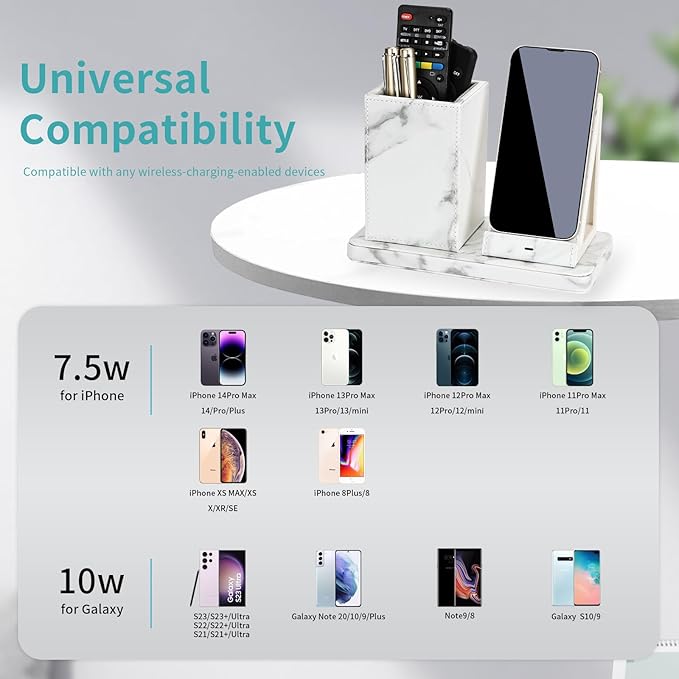 Wireless Charger with Desk Organizer, Wireless Charging Station for iPhone 13/13 Pro Max/13 Pro/12 Series/11/XS Max/XR/X/8Plus/SE 2, Wireless Charging Stand with Leather… (Marble)