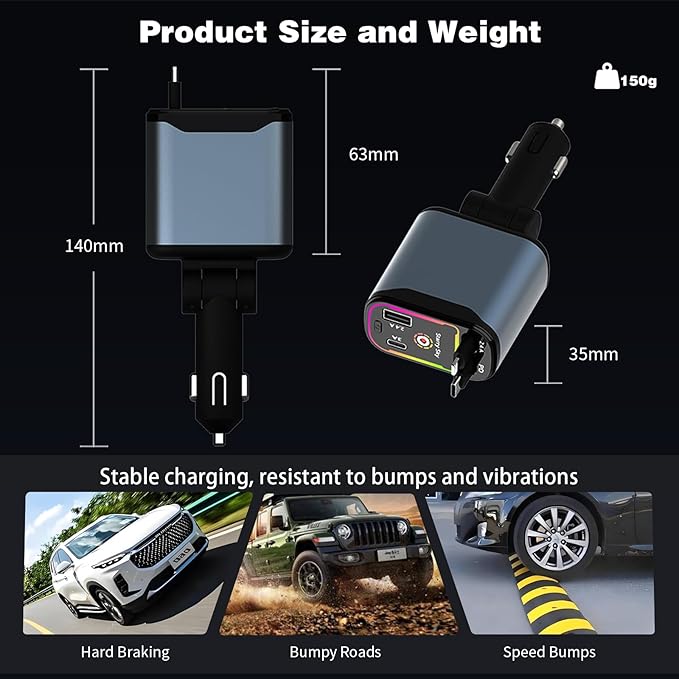 Starlight Retractable Car Charger,66W Fast Car Chargers Adapter 4 in 1 with 2 USB Car Chargers for Phone iPhone 16/15/14/13/12/11 and for Android