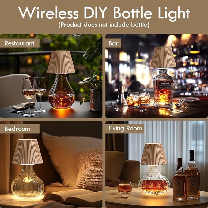 WILIT 2 Pack Wireless Bottle Lamp Shades for Table Lamps, 3 Level Brightness Bottle Lights for Liquor Bottles, Rechargeable Bar Signs for Home Bar,Table Decor for Living Room,Gifts Baskets for Women