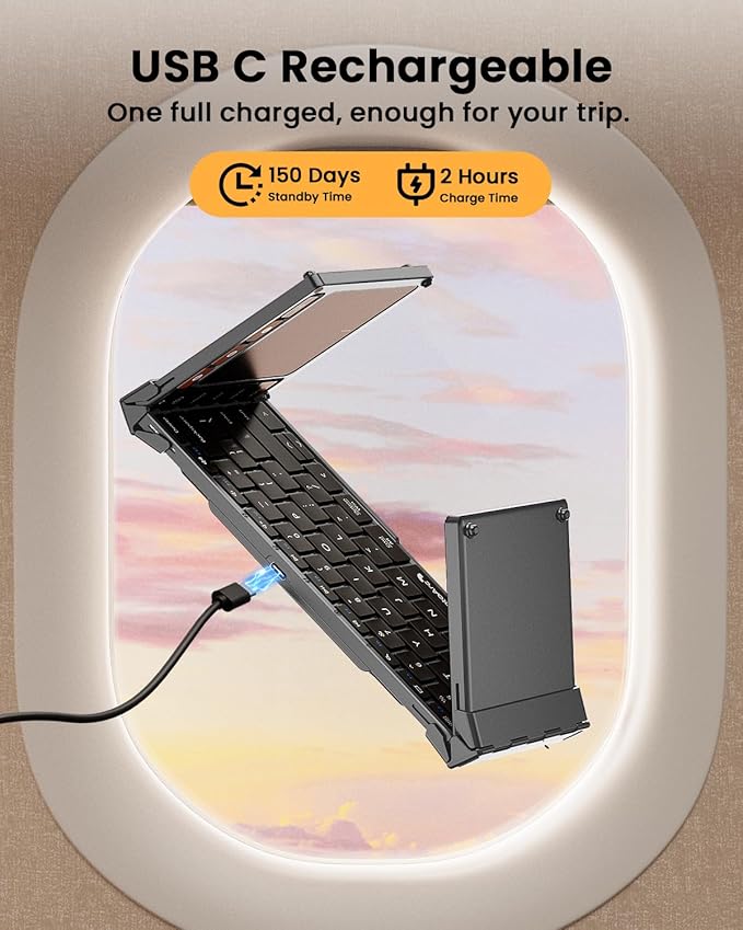 ProtoArc Foldable Keyboard with Touchpad, XK01 TP Folding Portable Keyboard, Full Size Keys, Large Trackpad Bluetooth Travel Keyboards for Laptop PC Tablet - Black Gray