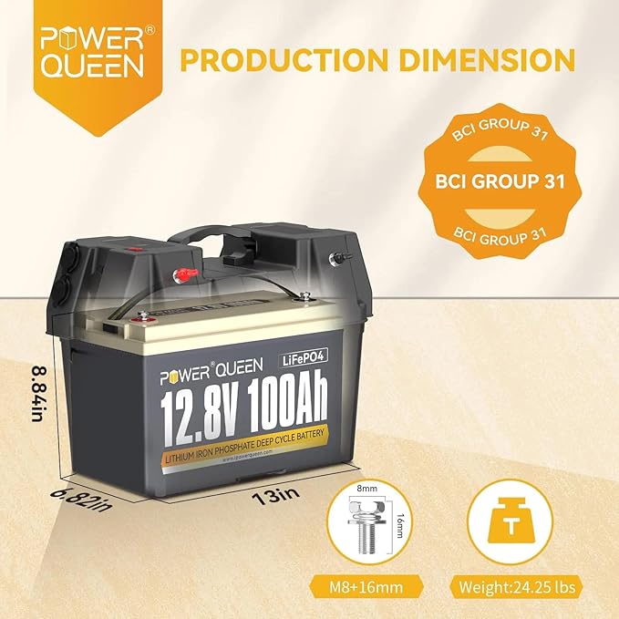 Power Queen LiFePO4 Battery 12V 100Ah Group 31 Lithium Battery, 100A BMS Rechargeable Deep Cycle Battery,100A BMS 1280Wh Higher Energy Density,15000 Cycles for RV, Van, Trailer, Marine,Solar