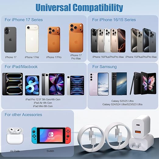 Dual Port USB A/C Charger for iPhone 16 Pro 10FT Woven USB C Fast Cable,2Pack Double Type A/C Charger Block Type C Nylon Braided Cable Cord for iPhone 16 Pro Max/16 Pro/16e,15 ProMax/15 Plus,iPad Pro