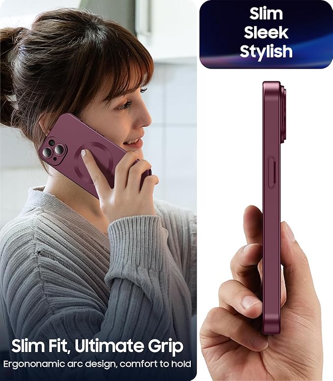 Magnetic for iPhone 13 Case [Compatible with MagSafe][Built-in Camera Lens Protector] Slim Soft Silicone Bumper Shockproof Metallic Luster Phone Case (Burgundy)