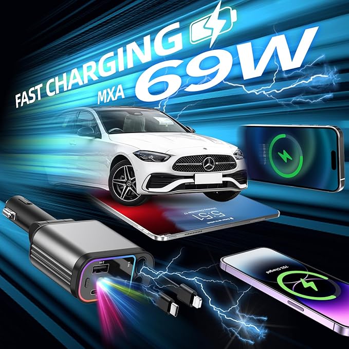 Fast Car Charger with Starlight, 4 in 1 Retractable Car Charger, 69W USB C Adapter, Cars Accessories with Starlight Roof, 2 USB Ports Phone Cars Chargers Compatible with iPhone 16 15 14 and Android