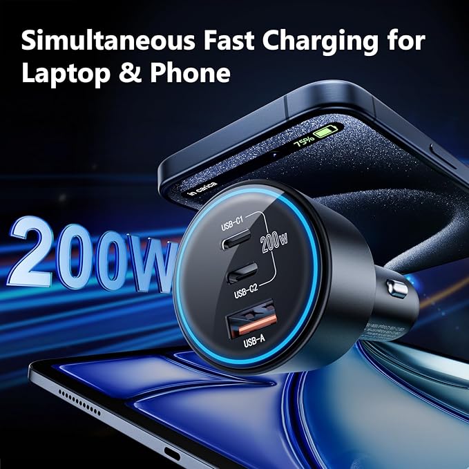 200W Super Fast Car Charger for iPhone 16/15 Pro Max, 3-Port USB C Car Charger Adapter with 2×100W USB C to C Cables, PD3.0/QC4.0, 12V-24V Vehicle Compatible, LED Light & Overheat Protection