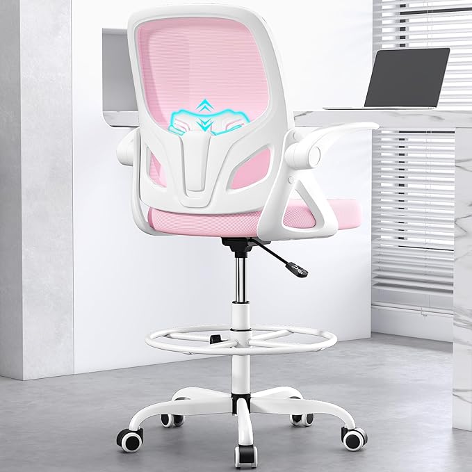 Tall Drafting Chair with Footrest Ring for Home and Work, Ergonomic Home Desk Office Chair with Flip up Arms and Lumbar Support, Extended Height Executive Desk Office Chair(Pink)