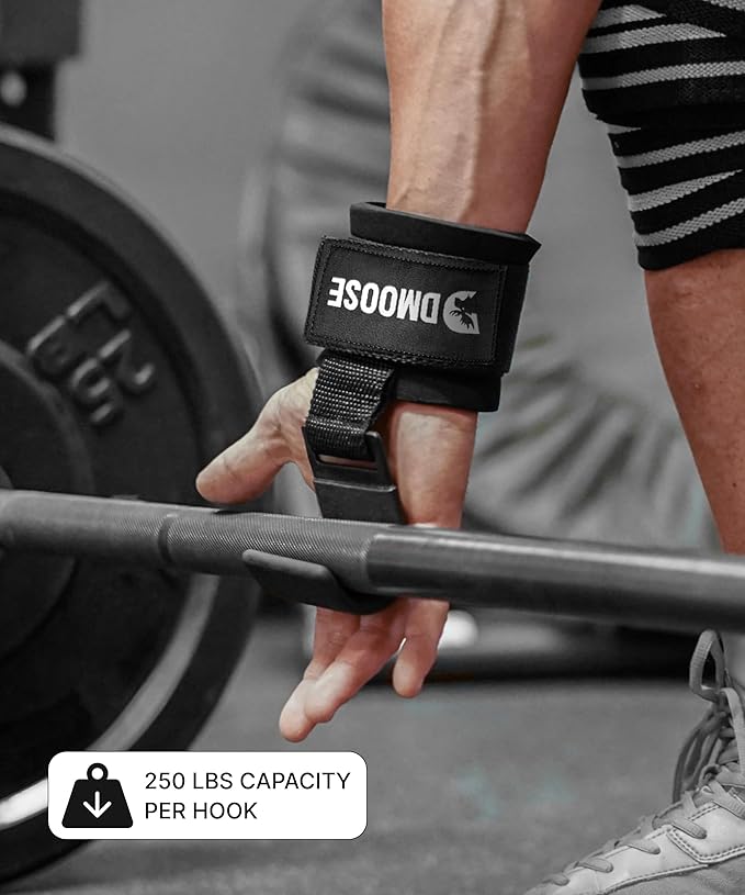 DMoose Fitness Weight Lifting Hooks (Pair) for Deadlifts, Pull Ups, Rows & Shrugs - Anti-Rip Nylon Strap Hand Grips with Thick Wrist Padding - Heavy Duty Wrist Straps for Weightlifting & Gym Workouts