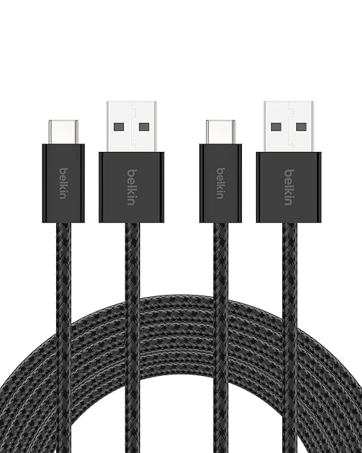 Belkin USB A to USB C Cable 2-Pack, 9.9ft, 15W - Type C Charger, iPhone Charger Cord, Soft, Braided, Flexible for iPhone 16 & 15, Galaxy S25, Pixel 9, iPad Pro, Airpods Pro, Switch & More - Black