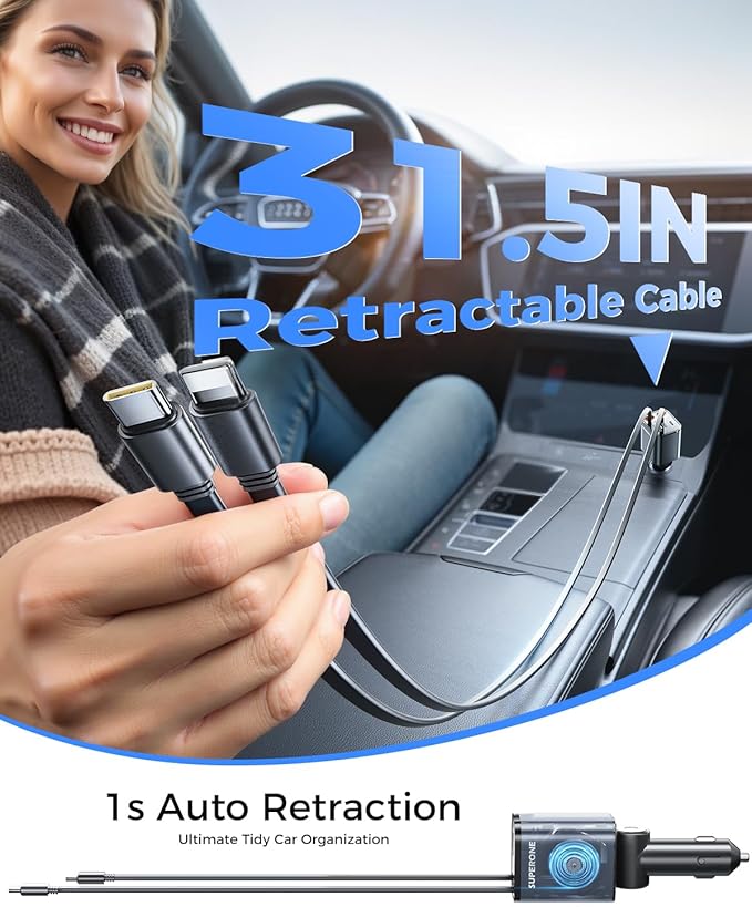 【2025 Ultra-Compact】 SUPERONE Retractable Car Charger, 5 in 1 Car Phone Charger with 84W Fast Charging Cables, Car Accessories Adapter for iPhone 16/15/14/13/12/11, Galaxy, Pixel