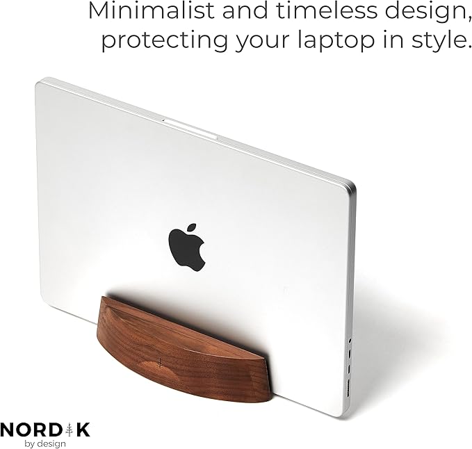 Nordik Adjustable Vertical Laptop Stand - Walnut - Premium Laptop Holder for Home Office, Software Engineers - Space Saving Desk Laptop Dock - Stable Non-Slip Wood Stand - MacBook Pro