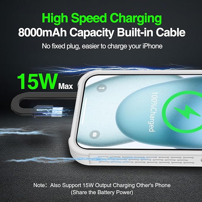 GIN FOXI Fast Charging Battery Case for iPhone 15 Pro Max/15 Plus, 8000mAh 15W Ultra Slim Charger Case Rechargeable Portable Extended Power Bank Case Cover Battery Pack Built-in Cable, Grey(6.7”)