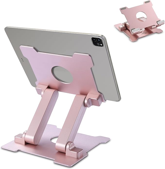 KABCON Tablet Stand,【Updated】 Adjustable Eye-Level Aluminum Solid Desktop Stand Holder,Compatible with iPad Series,Microsoft Surface Series,Samsung,Kindle Fire,Etc.Up to 15'' Tablets-Pink
