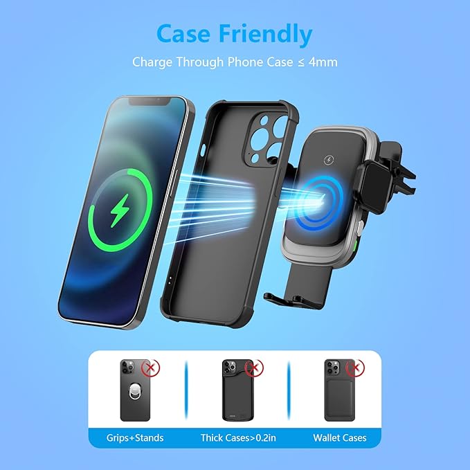 Wireless Car Charger, Auto-Clamping Car Mount 15W/10W/7.5W Fast Charging Air Vent Car Phone Mount Compatible with iPhone 14/13/13 Pro/12 Pro Max/12 pro/12/11/10/8 Series, Samsung Galaxy Series