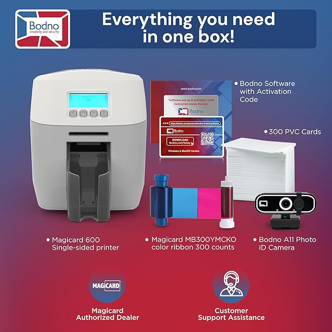 Bodno Magicard 600 Single Sided ID Card Printer & Complete Supplies Package ID Software - Silver Edition