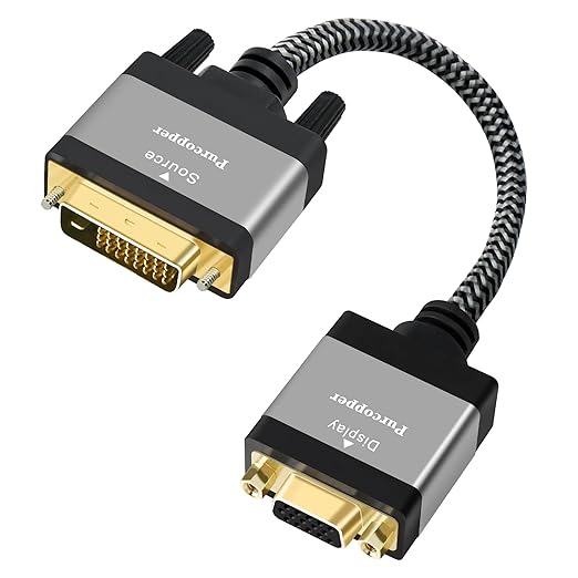 Active Digital Signal DVI to VGA Cable Adapter, DVI-D 24+1 (24+5) Male (Source) to VGA Female (Screen) Braided Cord Converter Connector for Monitor, PC, TV, Raspberry Pi, Desktop, Laptop, Projector