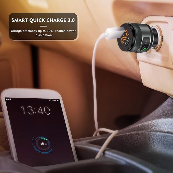 Bluetooth 5.3 FM Transmitter for Car, 3.0 Wireless Bluetooth FM Radio Adapter Music Player FM Transmitter/Car Kit with Hands-Free Calling and 2 USB Ports Charger Support USB Drive