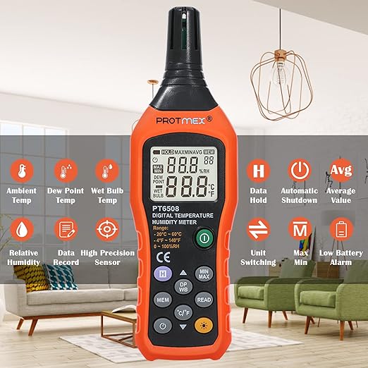 Protmex Digital Temperature Humidity Meter, Thermometer Hygrometer with Ambient Dew Point and Wet Bulb Temperature Indoor and Outdoor, Data Logger with Min/Max Hold, LCD Backlight, PT6508