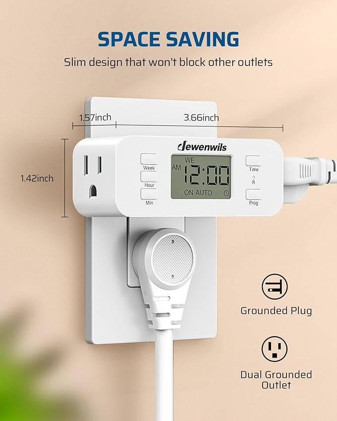 DEWENWILS 7 Day Heavy Duty Timers for Electrical Outlets, 2 Pack Dual Outlet Digital Timer, 3 Prong Programmable Light Timer for Indoor Lamp, Light, Fan, Pets, Home, Kitchen, Office, 125V 60Hz