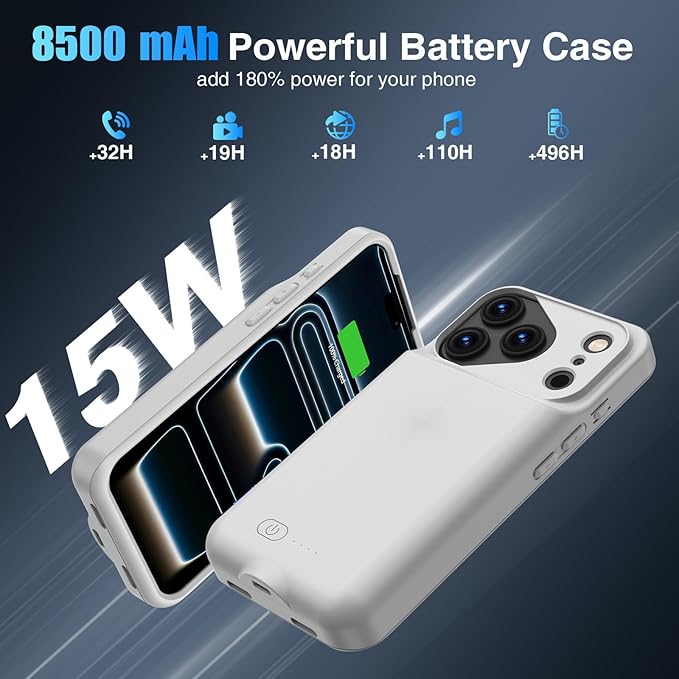 Battery Case for iPhone 17 Pro, Charging Case Charger 8500mAh Ultra-Slim Lightweight Powerful Battery Pack 15W Fast Rechargeable Anti-Fall TPU Juice Box for iPhone 17 Pro (6.3") Grey