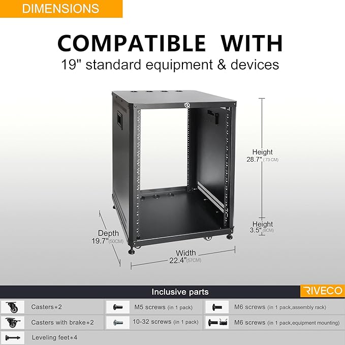 RIVECO 15U Network & Audio Rack with Feet & Wheels, Obtuse Angel Server Rack Cabinet, Rolling Studio Rack Case with Adjustable Depth Rails for 19" Stereo Recording & IT Equipment Mounting 1PCS