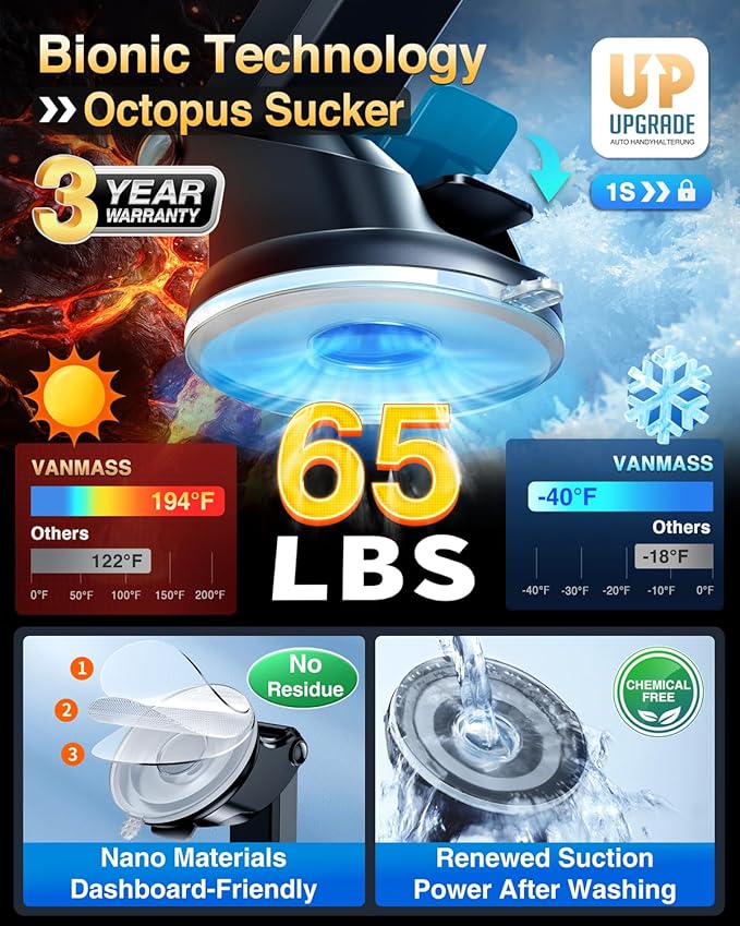 VANMASS Universal Car Phone Holder 2025【Strongest Suction & Military-Grade】Phone Holders for Your Car Windshield Dashboard Vent with【Patent & Safety Certs】Cell Phone Mount for iPhone Samsung Android