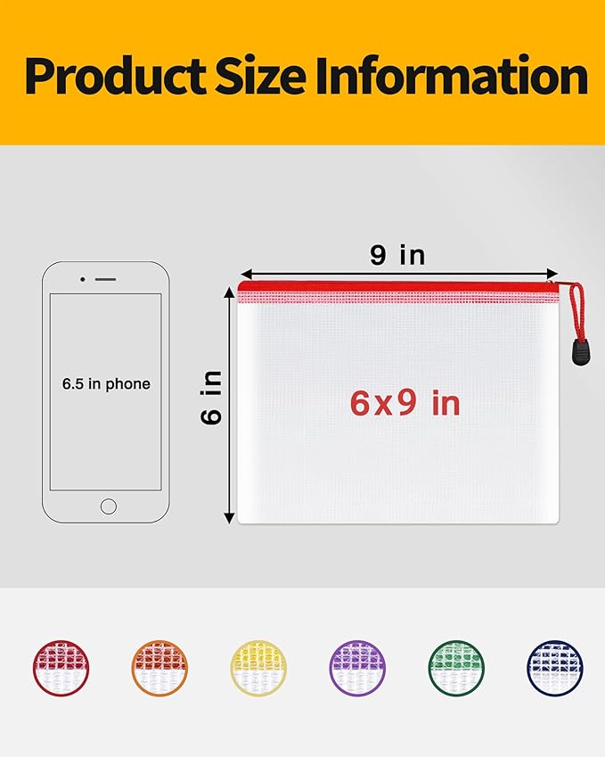 SUNEE Plastic Mesh Zipper Pouch 6x9 in (6 Colors, 12 Packs), Small Water-Resistant Zip Bag for School Office Supplies, Pencil Organizing Storage
