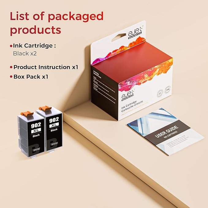 902XL Ink Cartridges for HP Printers Upgraded Replacement for HP 902 Ink Cartridges HP902XL Black Compatible for HP 902 XL Use to Officejet Pro 6978 6968 6958 6970 6962 6960 6975 Printer(2 Pack)