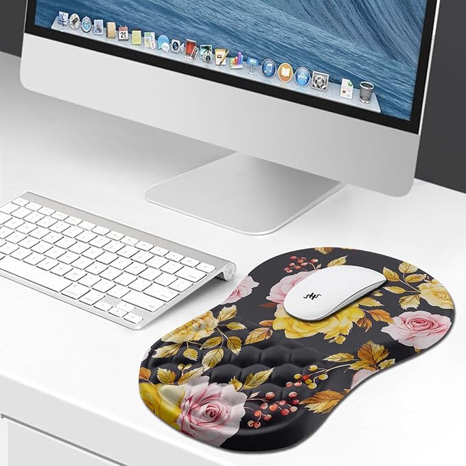 Hokafenle Ergonomic Mouse Pad Wrist Support, Wrist Rest Mousepad for Carpal Tunnel Pain Relief with Integrated Memory Foam Slope Massage Bulge (11.8x7.9 inch,Golden Powder Flower