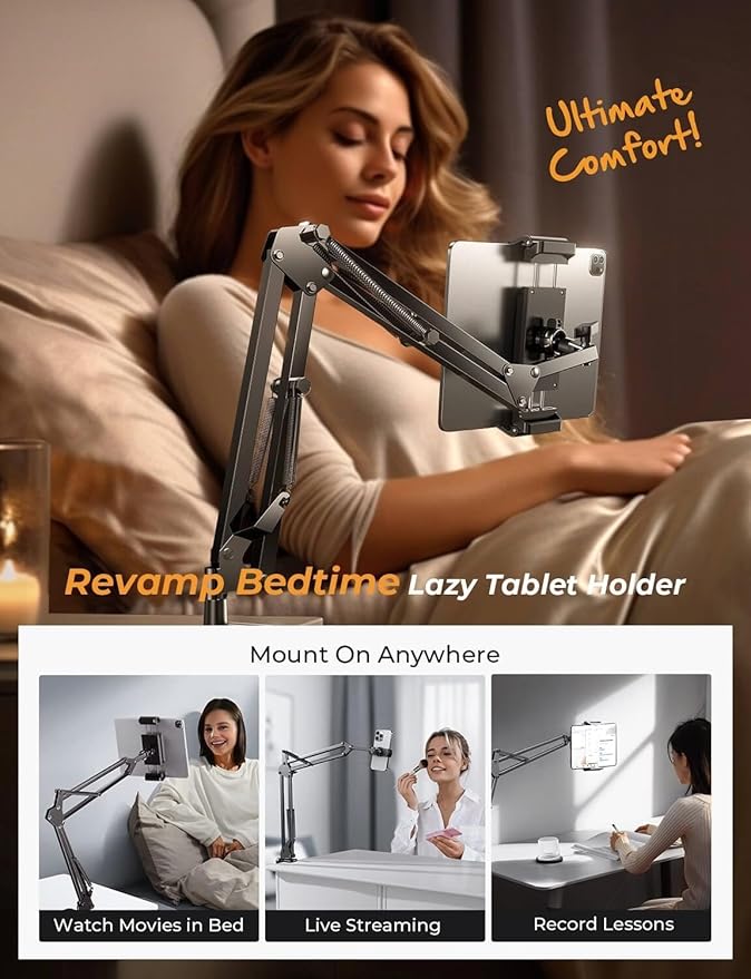 LISEN Tablet Stand Phone Holder iPad Holder for Desk Mount[Ultra Sturdy] 2 Clamps Kindle Holder for Bed Gooseneck Phone Tablet Holder Mount Phone Stand fits iPhone iPad Mini 7 Kindle 4-13" Device