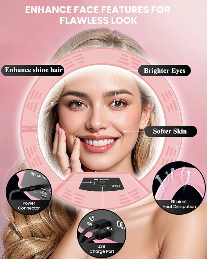 22" Large Ring Light with Stand,Foldable LED Big Ring Light Tripod for iPhone Phone Ipad, 75" Tall Tripod Touch Screen,Wireless Remote for Live Stream,YouTube,TikTok Video Shooting Pink