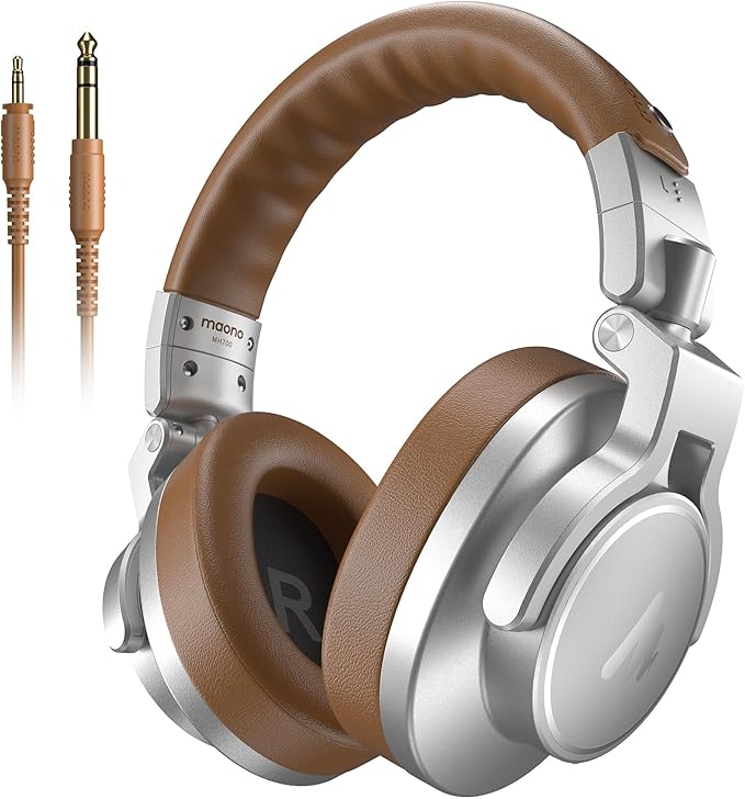 MAONO Professional Studio Monitor & Mixing DJ Headphones - Over Ear Closed Back Stereo Wired Headphones for Guitar AMP, Podcast, Recording, Streaming, PC, Music, Keyboard, MH700 Silver