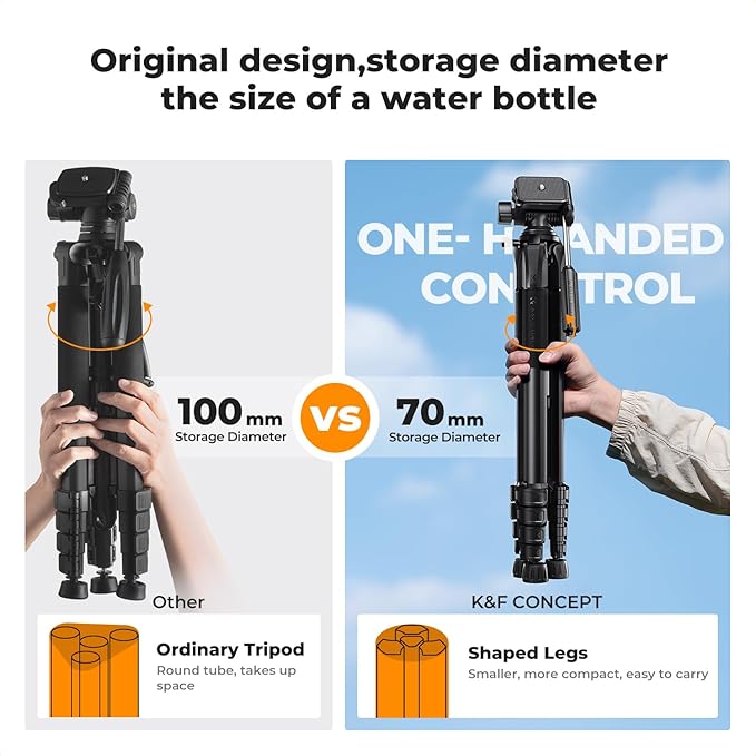 K&F Concept Camera Tripod, 75" Lightweight Portable Travel Outdoor DSLR Tripods for Camera Phone Video Recording Tripod Stand, Cellphone Clip for Smartphone Live Streaming Vlog, Black
