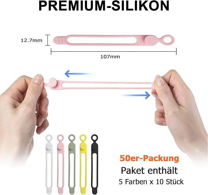 Nearockle 50Pcs Silicone Cable Ties Cord Organizer for Bundling Earphone, Phone Charger, Computer Cords, Reusable Cable Ties Wire Organizer in Home,Office,Kitchen,School (5 Colors)