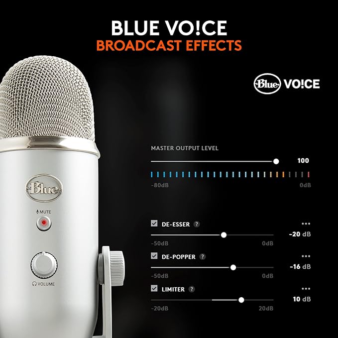 Blue Microphones Yeti Silver USB Mic for Recording, Streaming & Gaming on PC and Mac with Blue Voce Effects 4 Pickup Patterns, Headphone Output, Volume Control, Mic Gain Control, & Adjustable Stand