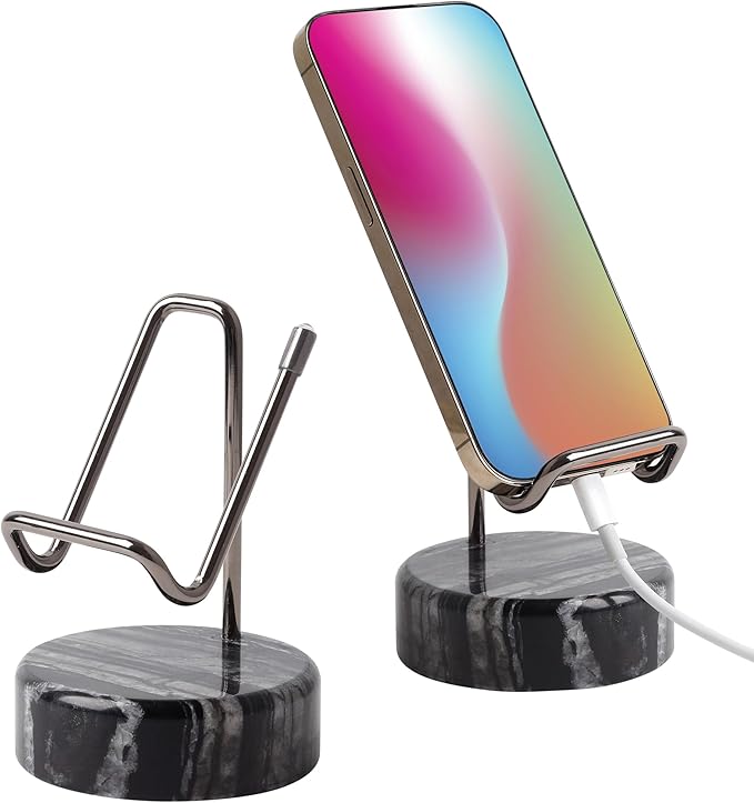 Marble Phone Stand with Metal Holder, Charging Available While Using, Swipe Up to Unlock, Made of Natural Marble as Business Card Holder for Office Desk (Wooden Black + Black)