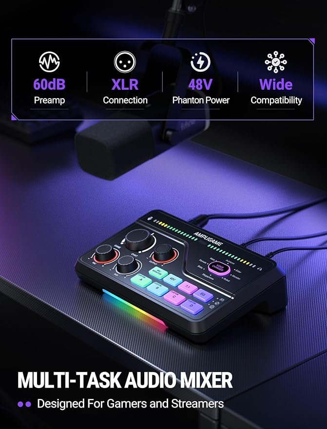 Fifine Gaming Audio Mixer for 7.1ch Surround Sound Headphone Amp-Volume Control-Voice Chat and Streaming-XLR Mic Preamp-USB Plug&Play-Voice Changer-RGB-3 EQ Modes Ampligame SC8