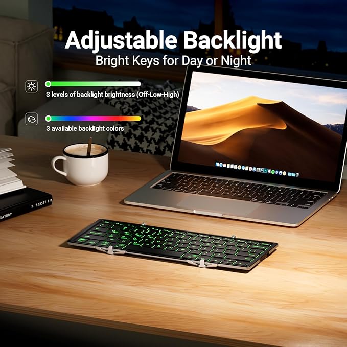 iClever Backlit Foldable Keyboard, BK05 Wireless Folding Keyboard with Backlight, Portable Bluetooth Key Board for Travel, Compact for iPad Tablet Laptop PC Smartphone, Support 4 Devices