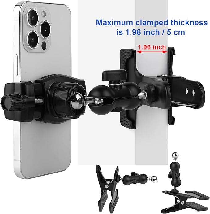 Clamp Phone Stand Holder for Desk/Table/Glass/Baffle/Easel/Guitar Head,360°Adjustable Aluminium Alloy Arm Metal Phone Mount,Compatible with iPhone/Nexus/HTC/LG/Huawei/Smart Phones