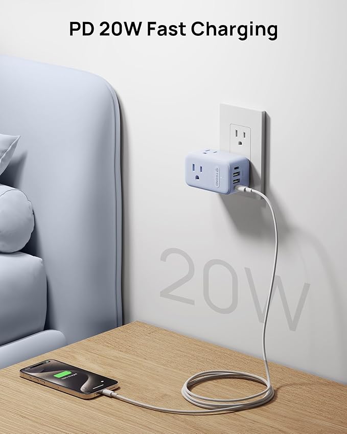 TROND Outlet Extender with 360 Rotating Plug, 3 Way Plug Splitter with PD 20W USB C Adapter, Multi Wall Adapter, Colorful Outlet Extension for Home Decoration, Travel Cruise Essentials