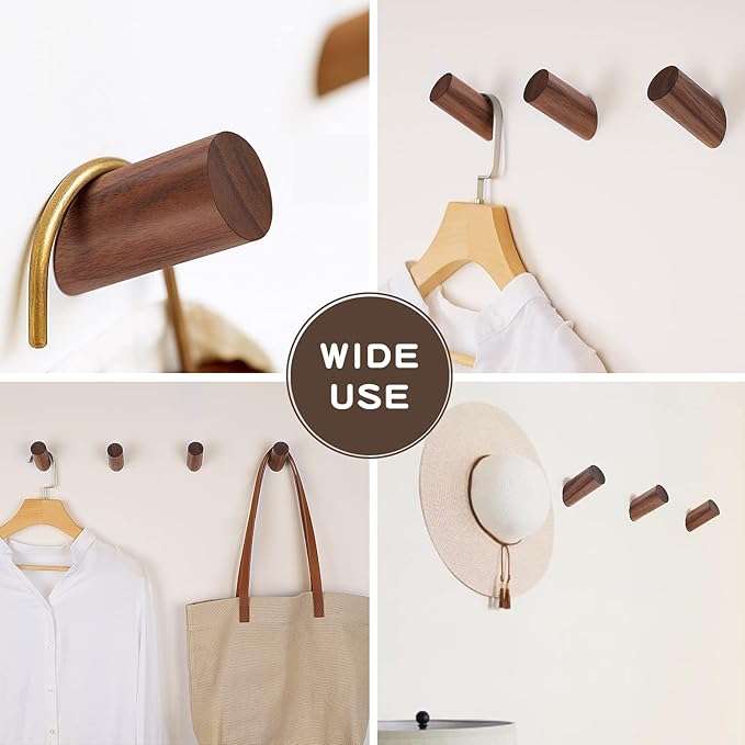 Wood Hooks, 3 Pack Wall Hooks Heavy Duty Rustic Coat Hooks Wall Mounted, Decorative Hooks for Hanging Coats Hats Towels Robes Hat Rack for Wall (Walnut Wood)