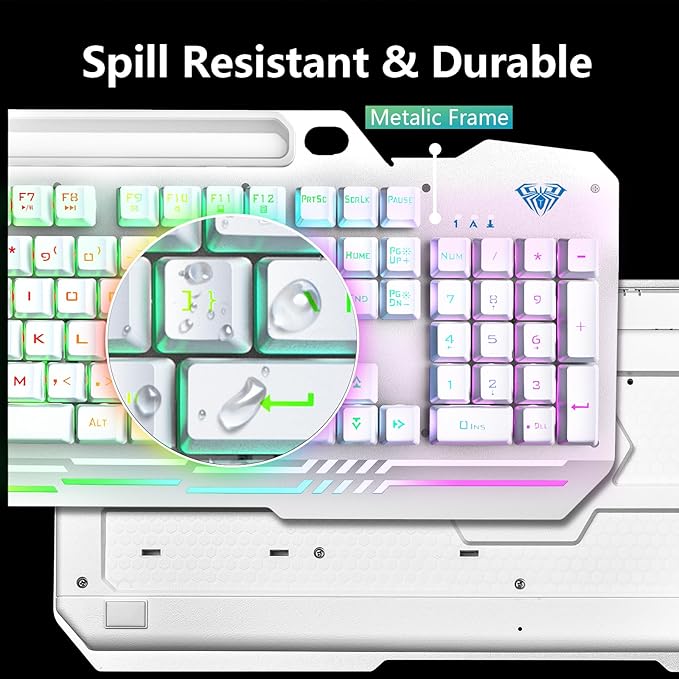AULA Gaming Keyboard, T102 104 Keys Keyboard and Mouse Combo, USB Wired Computer Keyboards Mechanical Feel Full Size, RGB Backlit for PC/Laptop Gaming or Working/Office (White)