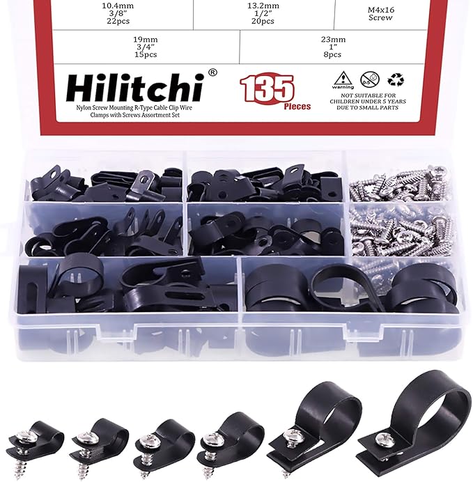 Hilitchi 135 Pcs 6 Sizes Black Plastic Cable Clamp R Type Screw Mounting Cord Fastener Cable Clips Assortment Kit with Screws for Wire Management Cable Conduit (Clips from 6mm to 23mm)