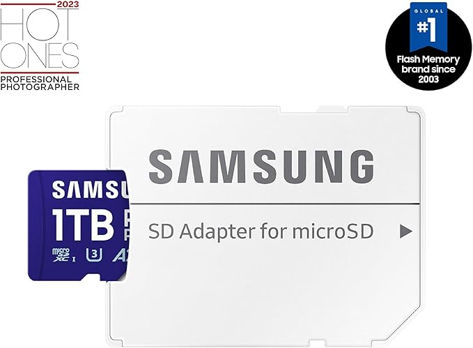 Samsung PRO Plus microSD Memory Card + Adapter, 1TB MicroSDXC, Up to 180 MB/s, Full HD & 4K UHD, UHS-I, C10, U3, V30, A2 for Android Phones, Tablets, GoPRO, DJI Drone, MB-MD1T0SA/AM, 2024