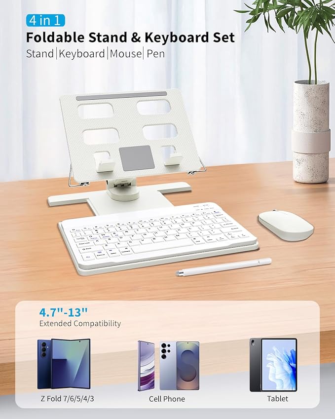 Desk Stand and Bluetooth Keyboard Combo for Samsung Galaxy Z Fold 7/6/5, 4 in 1 Set Include Mouse Pen, Adjustable Foldable Tablet Stand Holder Fits for 4.7"-13" Smartphones Tablet