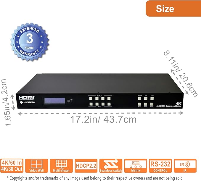 J-Tech Digital 4k 2x2 4K60Hz HDMI Video Wall Controller Multiviewer Seamless Switch Matrix | 4K60Hz Input and 4K30Hz Output, Supports HDMI, HDCP, RS-232, LAN, Downscale & Upscale, Web Control