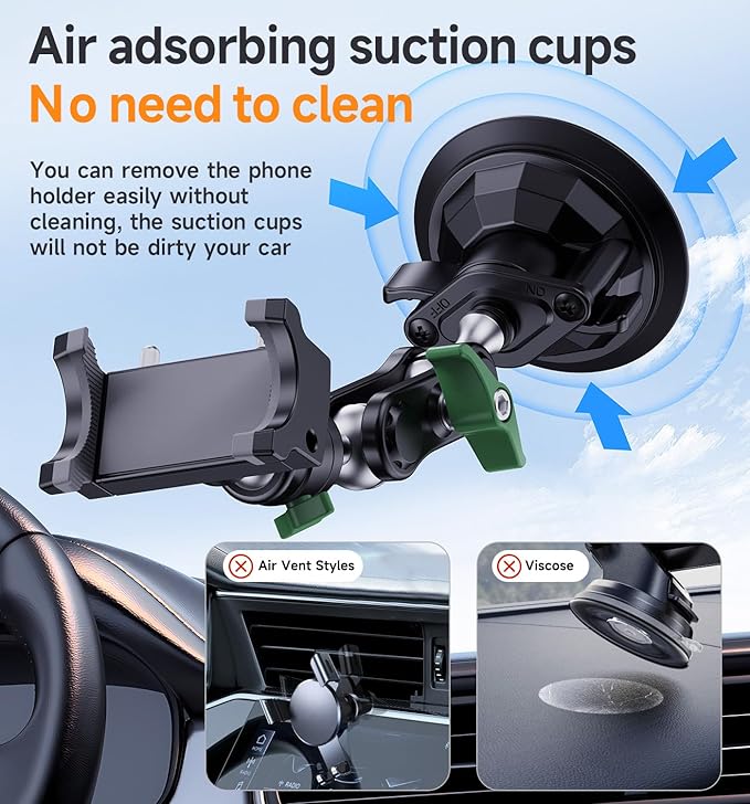 MAGIC JOHN Car Phone Holder, Ultra-Durable Mteal Phone Holders for Your Car, 360° Rotation Cell Phone Car Mount for Windshield, Suction Cup Car Phone Mount for iPhone Samsung All Smartphone