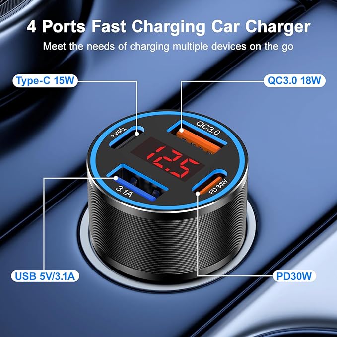Car Phone Charger USB C,2Pack 4-Port 65W USB C Car Charger Fast Charging Multi Port Cigarette Lighter Adapter with Volt Meter,12V Type C Car Adapter for iPhone 16/16e/15 Pro Max,iPad,Samsung,Android