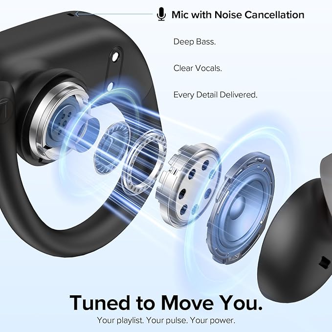 OCC Wireless Ear Hook Sport Earbuds, Bluetooth Headphones with Mic, IPX5 Waterproof, 80H Playtime, Deep Bass, Secure Fit for Running Gym Workout - Black