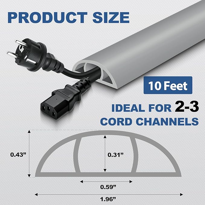 Floor Cord Cover for Wires on Floor Self Adhesive Cord Hider Floor Cable Management Wire Covers for Cords Protector Prevent Cable Trips Cord Cavity W 0.59" x H 0.31", Gray, 10Ft
